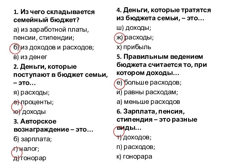 1. Из чего складывается семейный бюджет?а) из заработной платы, пенсии, стипендии;б) из