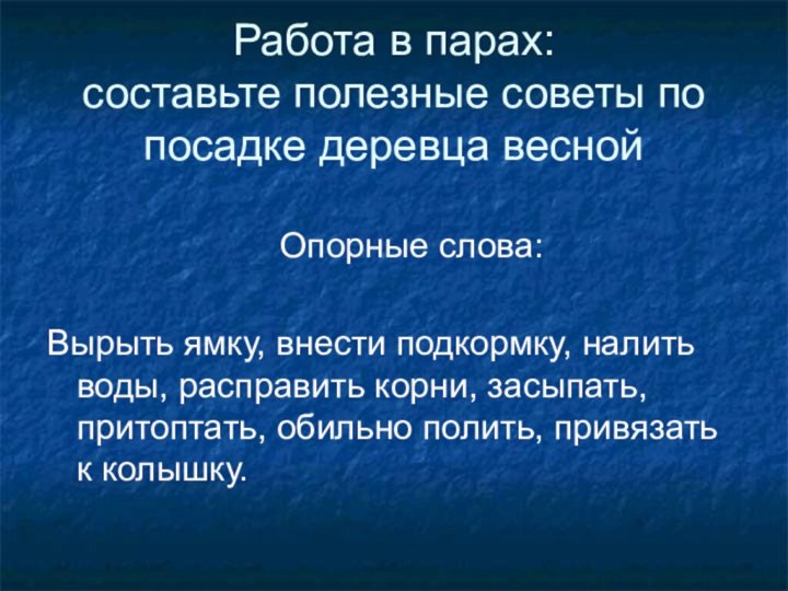 Работа в парах: составьте полезные советы по посадке деревца весной