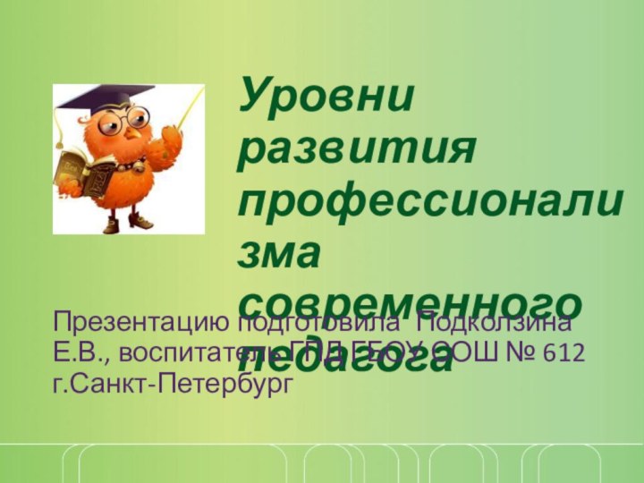 Уровни развития профессионализма современного педагогаПрезентацию подготовила Подколзина Е.В., воспитатель ГПД ГБОУ СОШ № 612 г.Санкт-Петербург