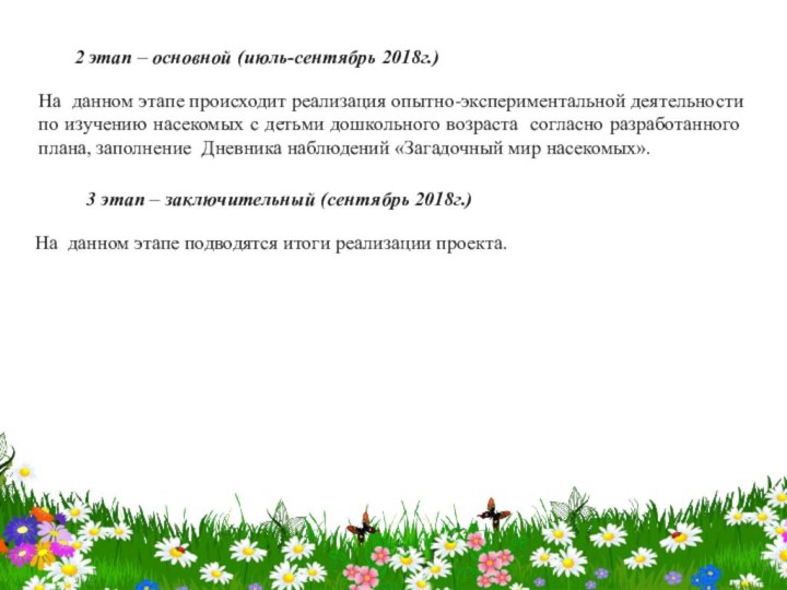 На данном этапе происходит реализация опытно-экспериментальной деятельности по изучению насекомых с детьми