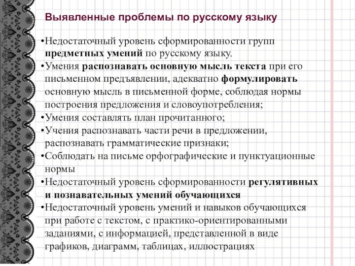 Выявленные проблемы по русскому языкуНедостаточный уровень сформированности групп предметных умений по русскому
