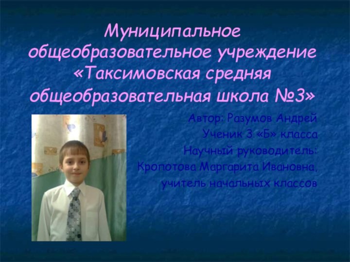 Муниципальное общеобразовательное учреждение «Таксимовская средняя общеобразовательная школа №3» Автор: Разумов АндрейУченик 3