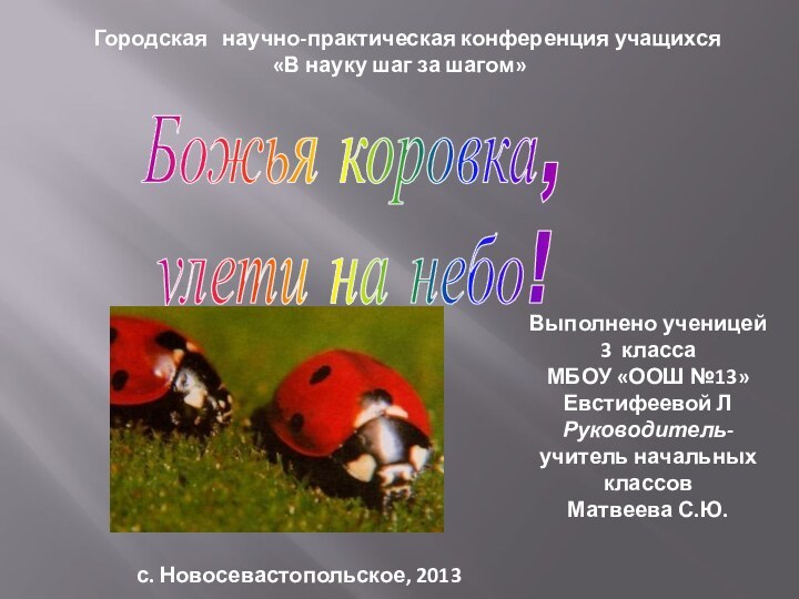 Божья коровка,улети на небо!  Городская  научно-практическая конференция учащихся«В науку шаг