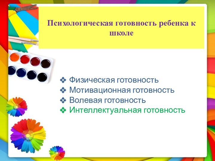 Психологическая готовность ребенка к школеФизическая готовностьМотивационная готовностьВолевая готовностьИнтеллектуальная готовность