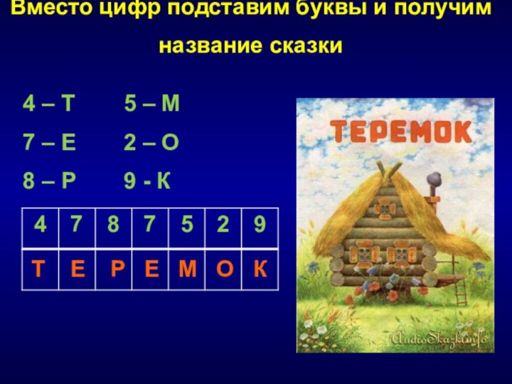 Вместо цифр подставим буквы и получим название сказки4 – Т7 – Е8