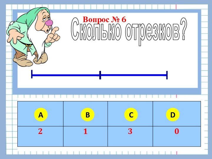 ABCDВопрос № 6Сколько отрезков?