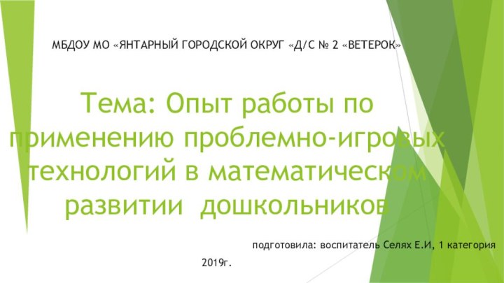 МБДОУ МО «ЯНТАРНЫЙ ГОРОДСКОЙ ОКРУГ «Д/С № 2 «ВЕТЕРОК» Тема: Опыт работы