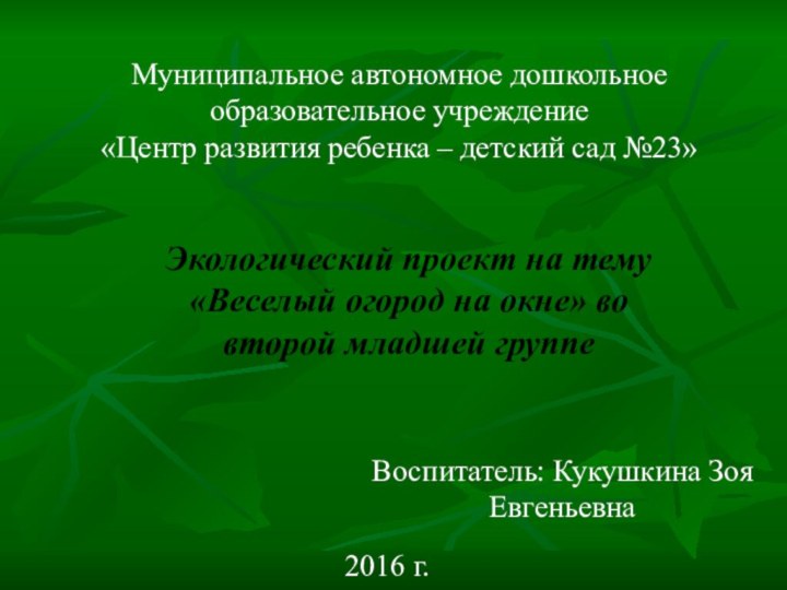 Муниципальное автономное дошкольное образовательное учреждение «Центр развития ребенка – детский сад №23»Экологический