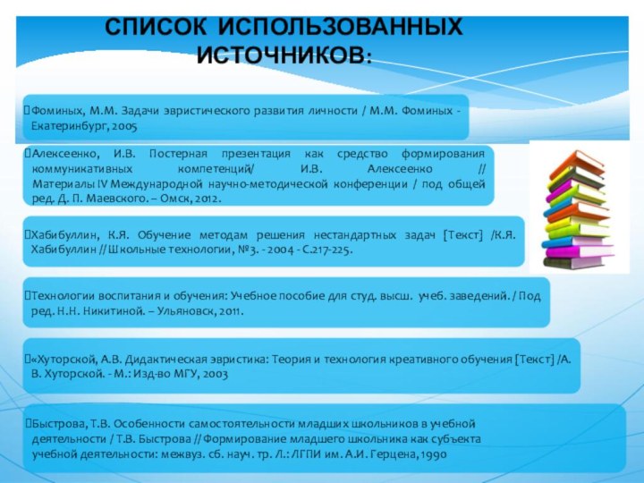 СПИСОК ИСПОЛЬЗОВАННЫХ ИСТОЧНИКОВ:Фоминых, М.М. Задачи эвристического развития личности / М.М. Фоминых -