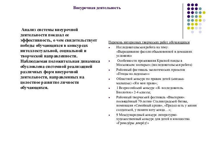 Внеурочная деятельность    Анализ системы внеурочной деятельности показал ее эффективность,