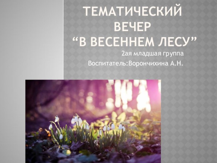 Тематический вечер  “В весеннем лесу”2ая младшая группаВоспитатель:Ворончихина А.Н.