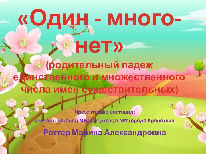 «Один - много-нет»(родительный падеж единственного и множественного числа имен существительных)Презентацию составил: учитель-логопед