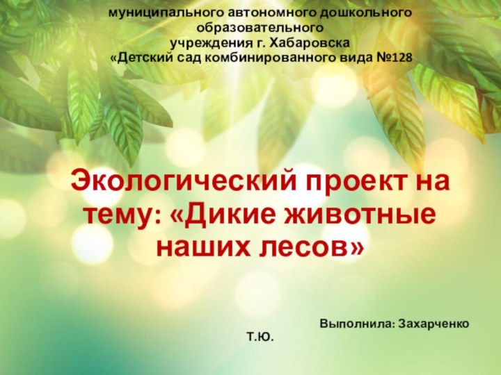 муниципального автономного дошкольного образовательногоучреждения г. Хабаровска «Детский сад комбинированного вида №128Экологический проект