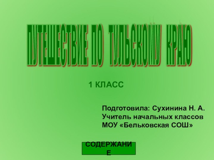 1 КЛАСССОДЕРЖАНИЕПУТЕШЕСТВИЕ ПО  ТУЛЬСКОМУ  КРАЮ Подготовила: Сухинина Н. А. Учитель