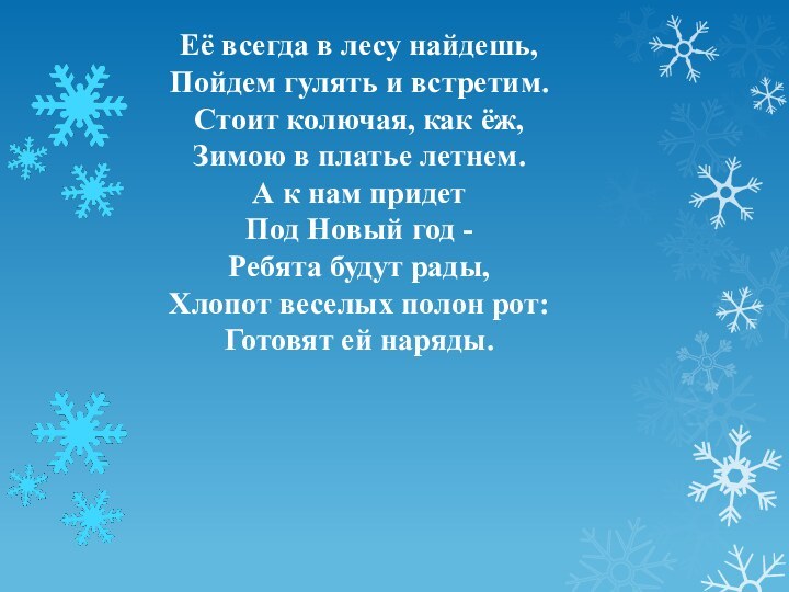 Её всегда в лесу найдешь,Пойдем гулять и встретим.Стоит колючая, как ёж,Зимою в