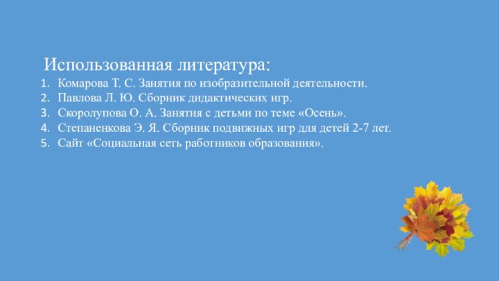 Использованная литература:Комарова Т. С. Занятия по изобразительной деятельности.Павлова Л. Ю. Сборник дидактических