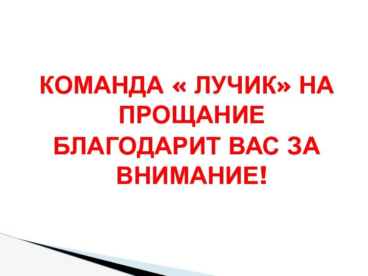 КОМАНДА « ЛУЧИК» НА ПРОЩАНИЕ БЛАГОДАРИТ ВАС ЗА ВНИМАНИЕ!