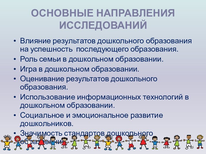 ОСНОВНЫЕ НАПРАВЛЕНИЯ ИССЛЕДОВАНИЙВлияние результатов дошкольного образования на успешность последующего образования.Роль семьи в