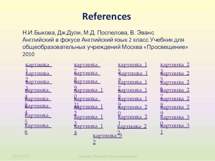 Скорова Надежда КонстантиновнаReferencesН.И.Быкова, Дж.Дули, М.Д. Поспелова, В. Эванс Английский в фокусе Английский