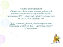 Анализ результатов анкетирования по теме:Выявление удовлетворенности родителей работой дошкольного образовательного учреждения СП – Детский сад №1 Одуванчикза 2014-2015 учебный год методическая разработка