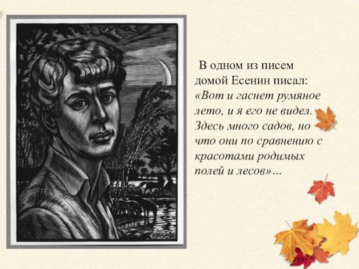 В одном из писем домой Есенин писал: «Вот и гаснет румяное лето,