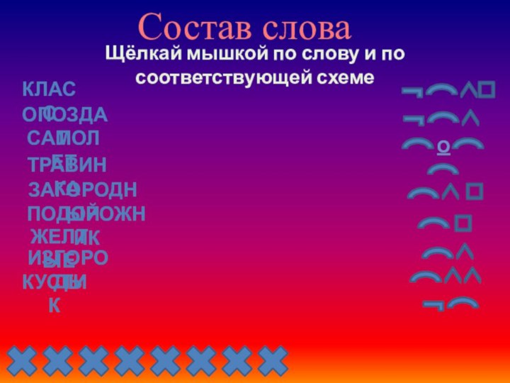 Состав словаклассопоздалсамолеттравинказагородныйподорожникжелтыеизгородькустикЩёлкай мышкой по слову и по соответствующей схеме