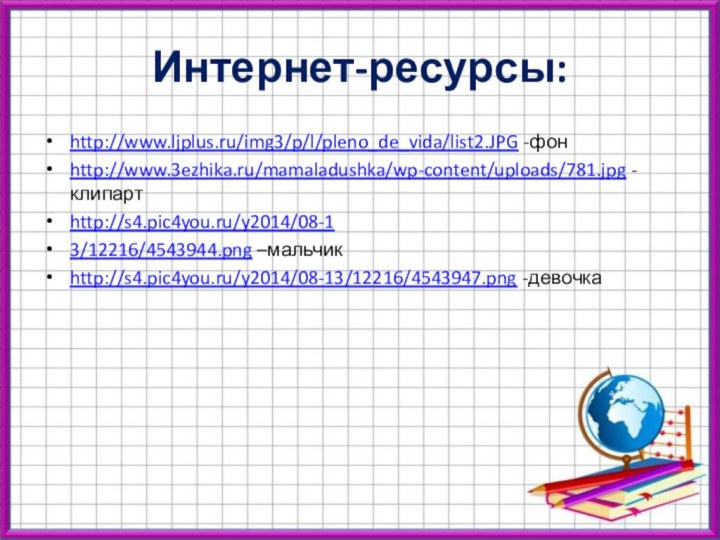 Интернет-ресурсы:http://www.ljplus.ru/img3/p/l/pleno_de_vida/list2.JPG -фонhttp://www.3ezhika.ru/mamaladushka/wp-content/uploads/781.jpg -клипартhttp://s4.pic4you.ru/y2014/08-13/12216/4543944.png –мальчикhttp://s4.pic4you.ru/y2014/08-13/12216/4543947.png -девочка