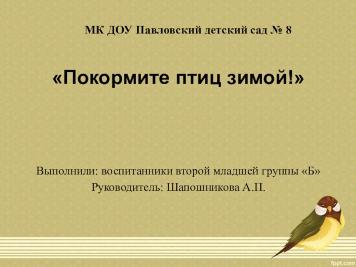 МК ДОУ Павловский детский сад № 8«Покормите птиц зимой!»Выполнили: воспитанники второй младшей группы «Б»Руководитель: Шапошникова А.П.