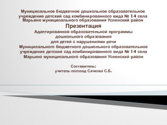 Презентация Адаптированной образовательной программы дошкольного образования для детей с нарушениями речи Муниципального бюджетного дошкольного образовательное учреждение детский сад комбинированного вида № 14 села Марьино муниципального образования Успе 