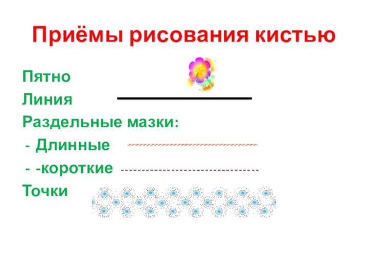 Приёмы рисования кистьюПятноЛинияРаздельные мазки:Длинные-короткиеТочки