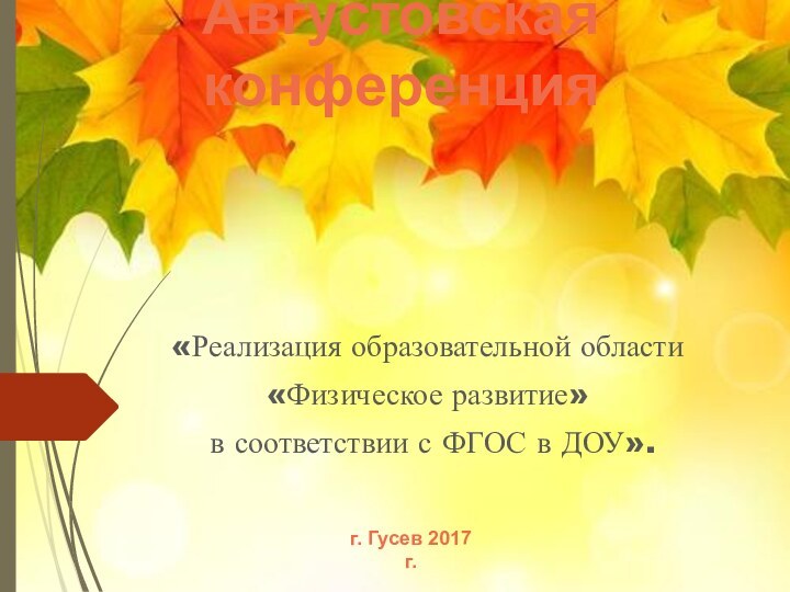 Августовская конференция«Реализация образовательной области «Физическое развитие» в соответствии с ФГОС в ДОУ».г. Гусев 2017 г.