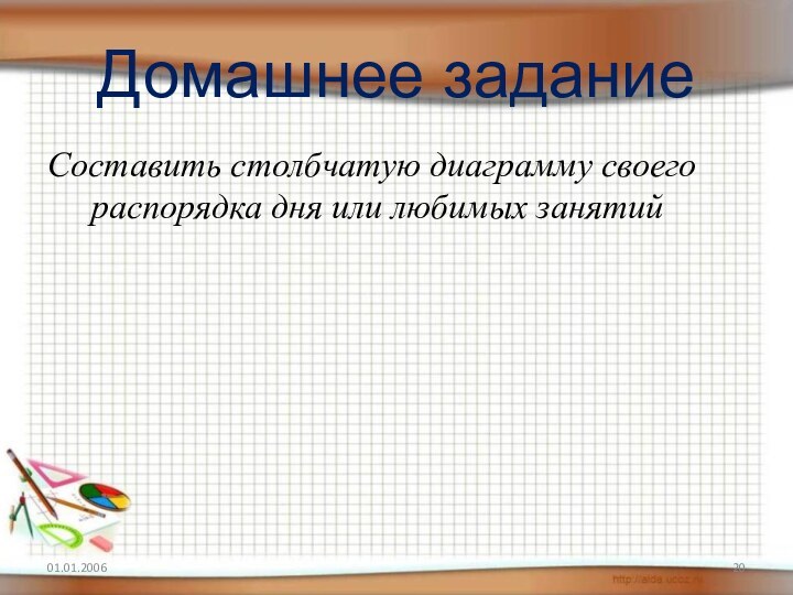 Домашнее заданиеСоставить столбчатую диаграмму своего распорядка дня или любимых занятий