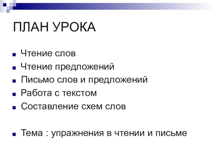 ПЛАН УРОКАЧтение словЧтение предложенийПисьмо слов и предложенийРабота с текстомСоставление схем словТема :