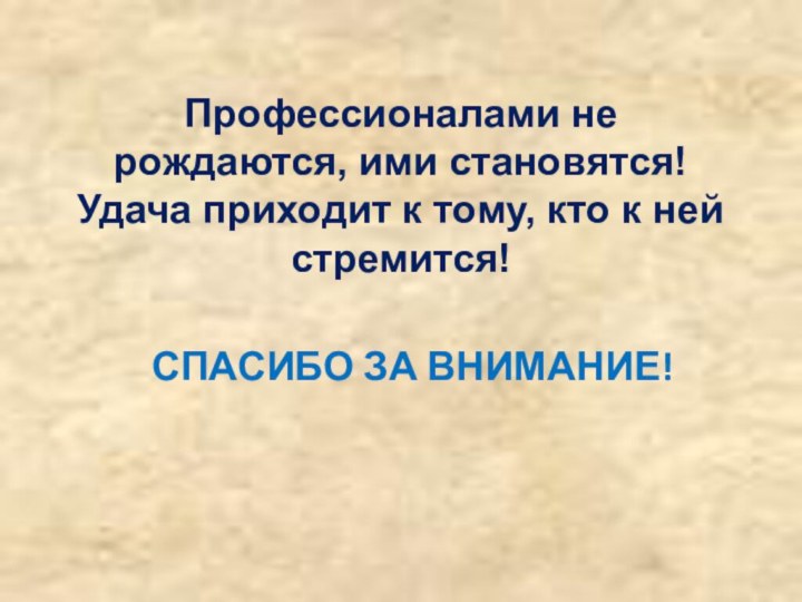 Профессионалами не рождаются, ими становятся! Удача приходит к тому, кто к ней стремится! СПАСИБО ЗА ВНИМАНИЕ!