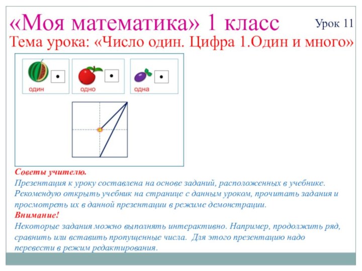 «Моя математика» 1 классУрок 11Тема урока: «Число один. Цифра 1.Один и много»Советы