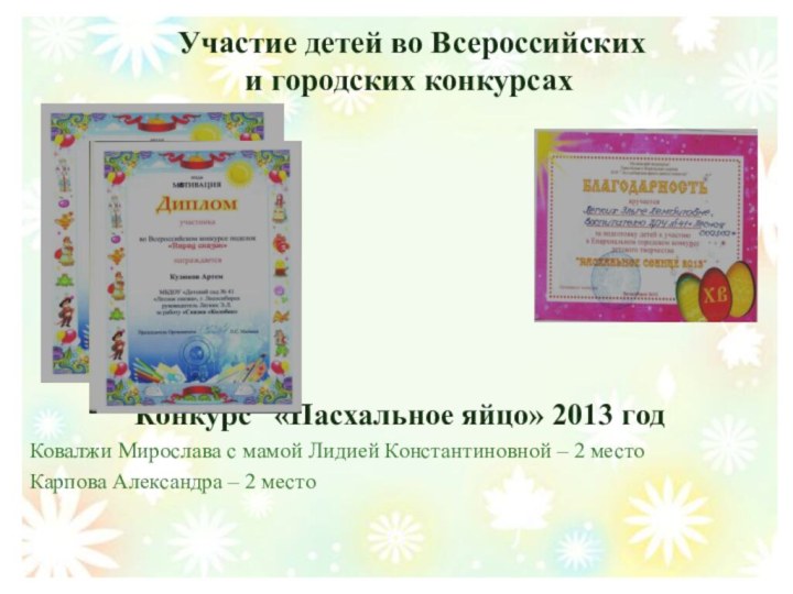 Участие детей во Всероссийских  и городских конкурсахКонкурс  «Пасхальное яйцо»