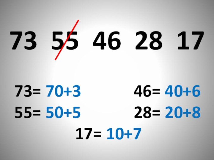 73 55 46 28 17 73= 70+3