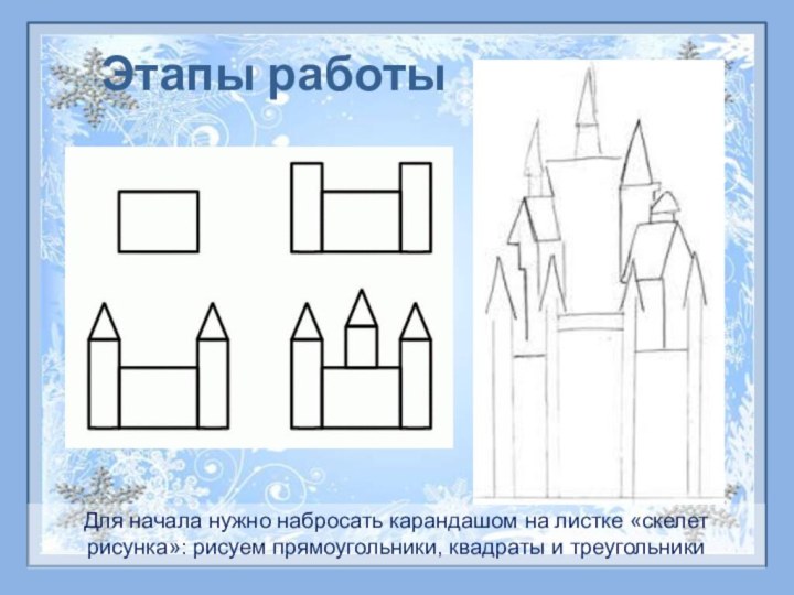 Для начала нужно набросать карандашом на листке «скелет рисунка»: рисуем прямоугольники, квадраты и треугольникиЭтапы работы