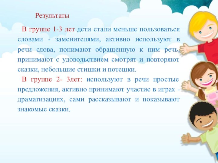 Результаты В группе 1-3 лет дети стали меньше пользоваться словами - заменителями,