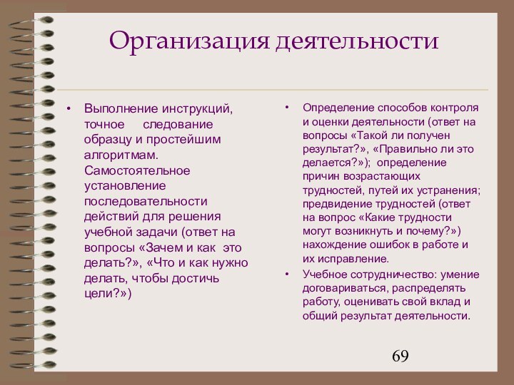 Организация деятельностиВыполнение инструкций, точное   следование образцу и простейшим алгоритмам. Самостоятельное