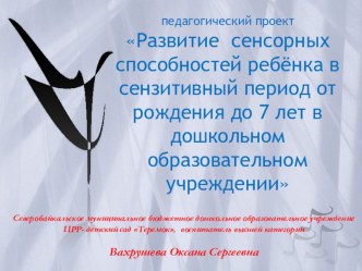 Педагогический проект Развитие сенсорных способностей ребёнка в сензитивный период от рождения до 7 лет в дошкольном образовательном учреждении проект (младшая группа) по теме