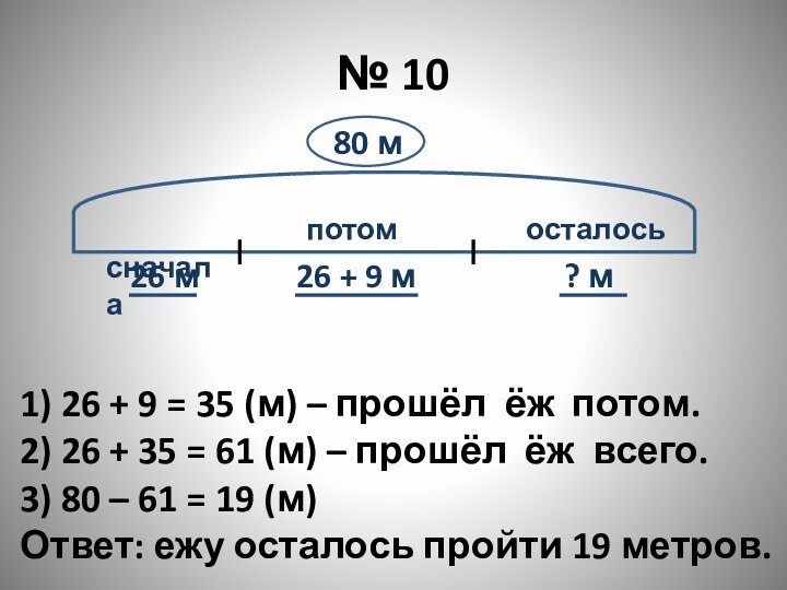 № 10 сначала  потом осталось80 м26 м26 + 9 м ?